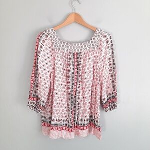 Women’s Square Neck Boho Patterned Top by Intro in White & Red S